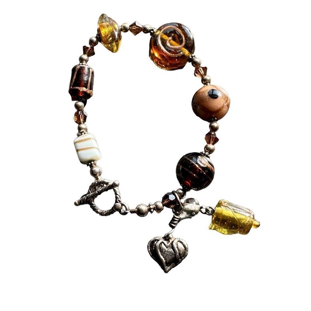 Art Glass bracelet beaded brown amber white and silver toggle clasp